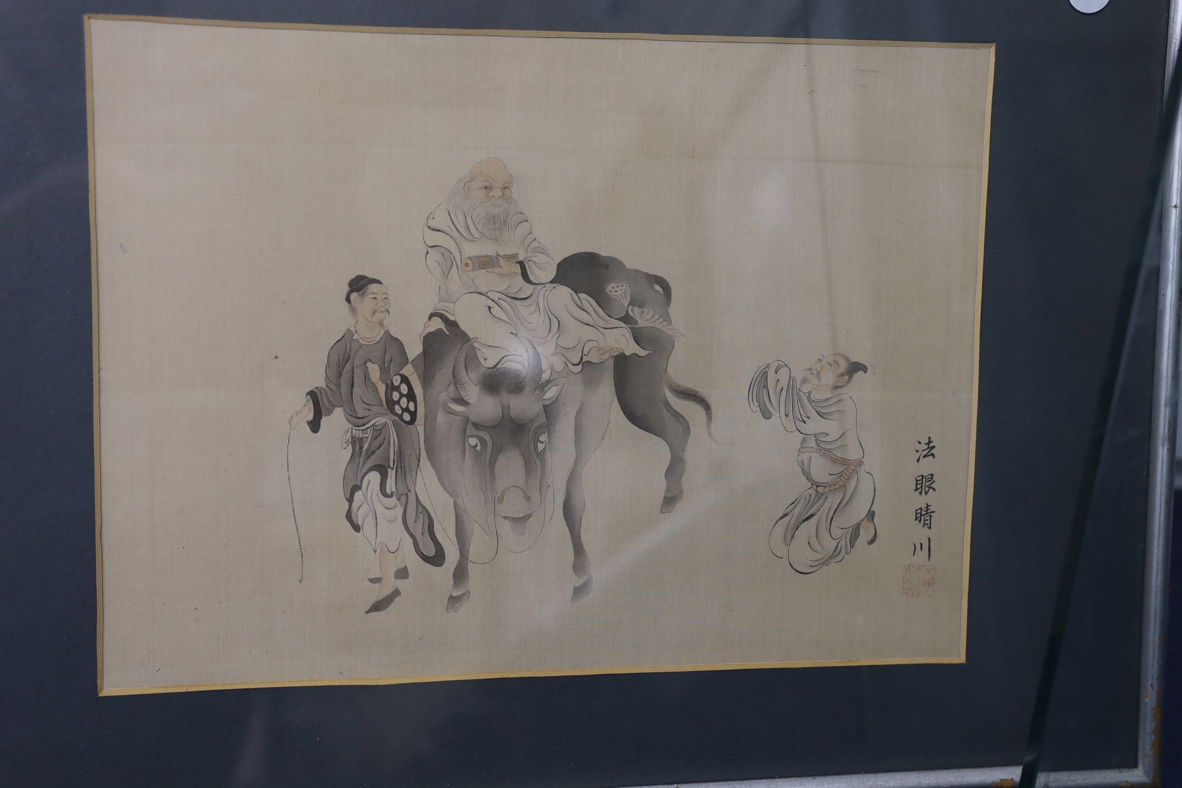 Japanese School, four assorted woodblock prints including an Urushibara still life, 29 x 38cm, with a Chinese print of a sage riding a buffalo